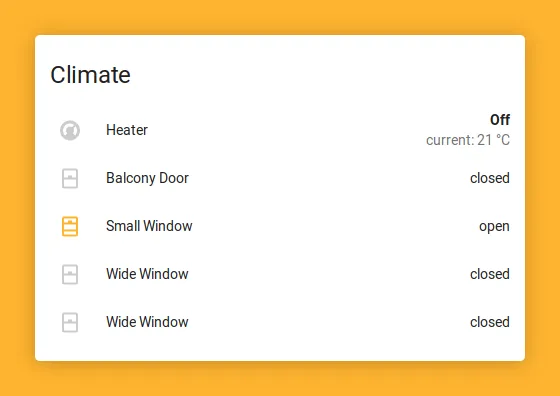Home Assistant Climate card showing a heater set to off at 21°C, with four window binary sensors listed below: Balcony Door closed, Small Window open (highlighted in orange), and two Wide Windows both closed