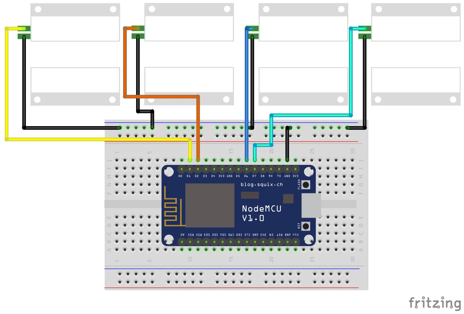 Fritzing wiring diagram showing a NodeMCU V1.0 ESP8266 board on a breadboard connected to four magnetic reed contact sensors via color-coded wires (yellow, orange, blue, and cyan), each paired with a black ground wire