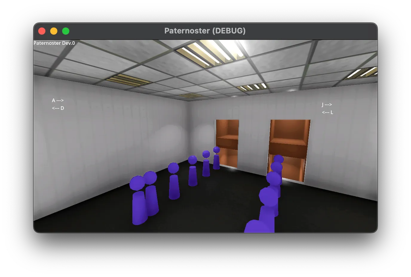 Debug build showing the lobby after adding updated textures and lighting. The room has tiled ceiling panels and a wooden floor, and many blue passenger figures are queued along both sides waiting for the two paternoster shafts.