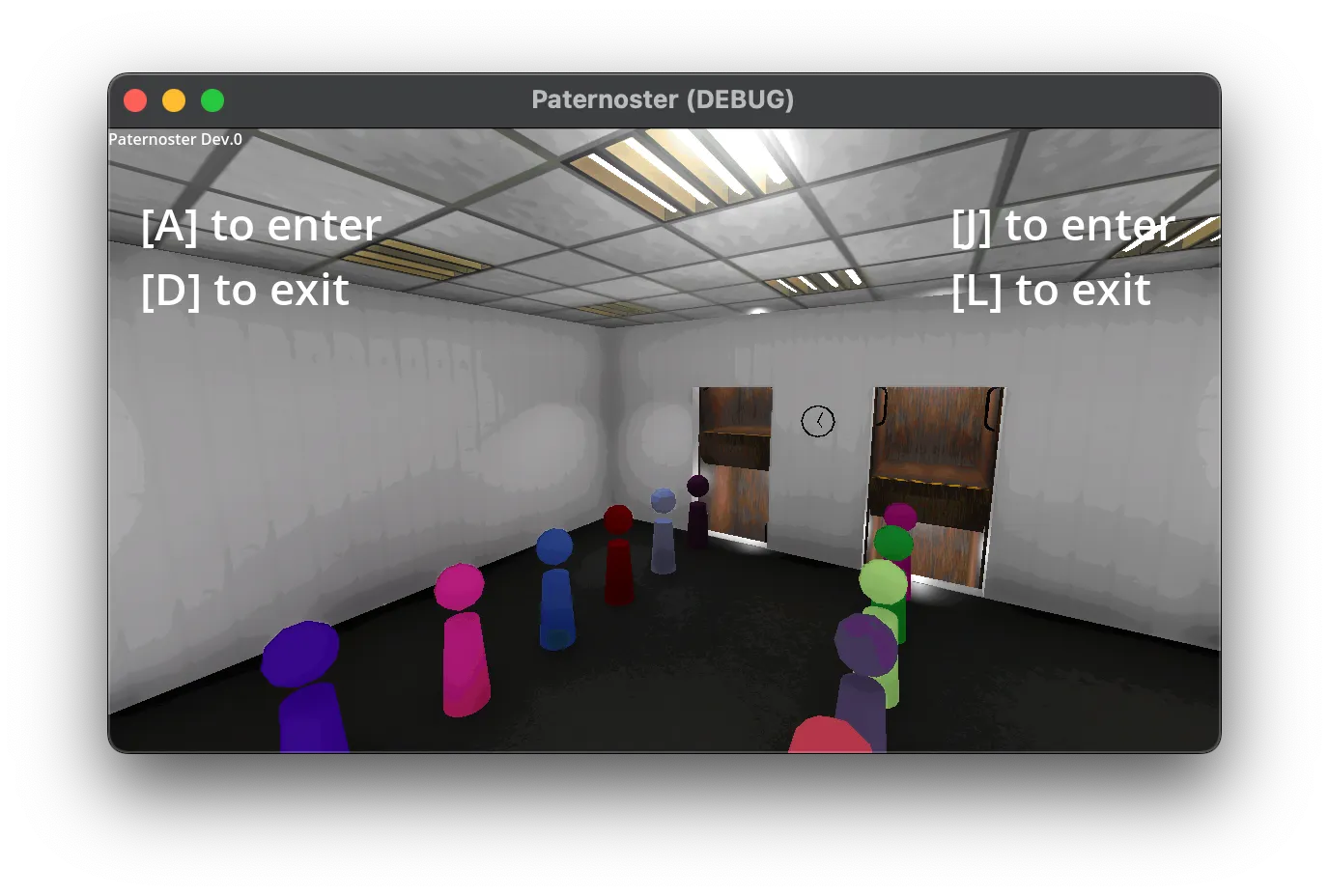 Debug build after adding colors and decorations: the passengers are now rendered in various colors (red, green, blue, purple, teal). On-screen key hints show "[A] to enter / [D] to exit" on the left and "[J] to enter / [L] to exit" on the right. A wall clock is visible in the background.