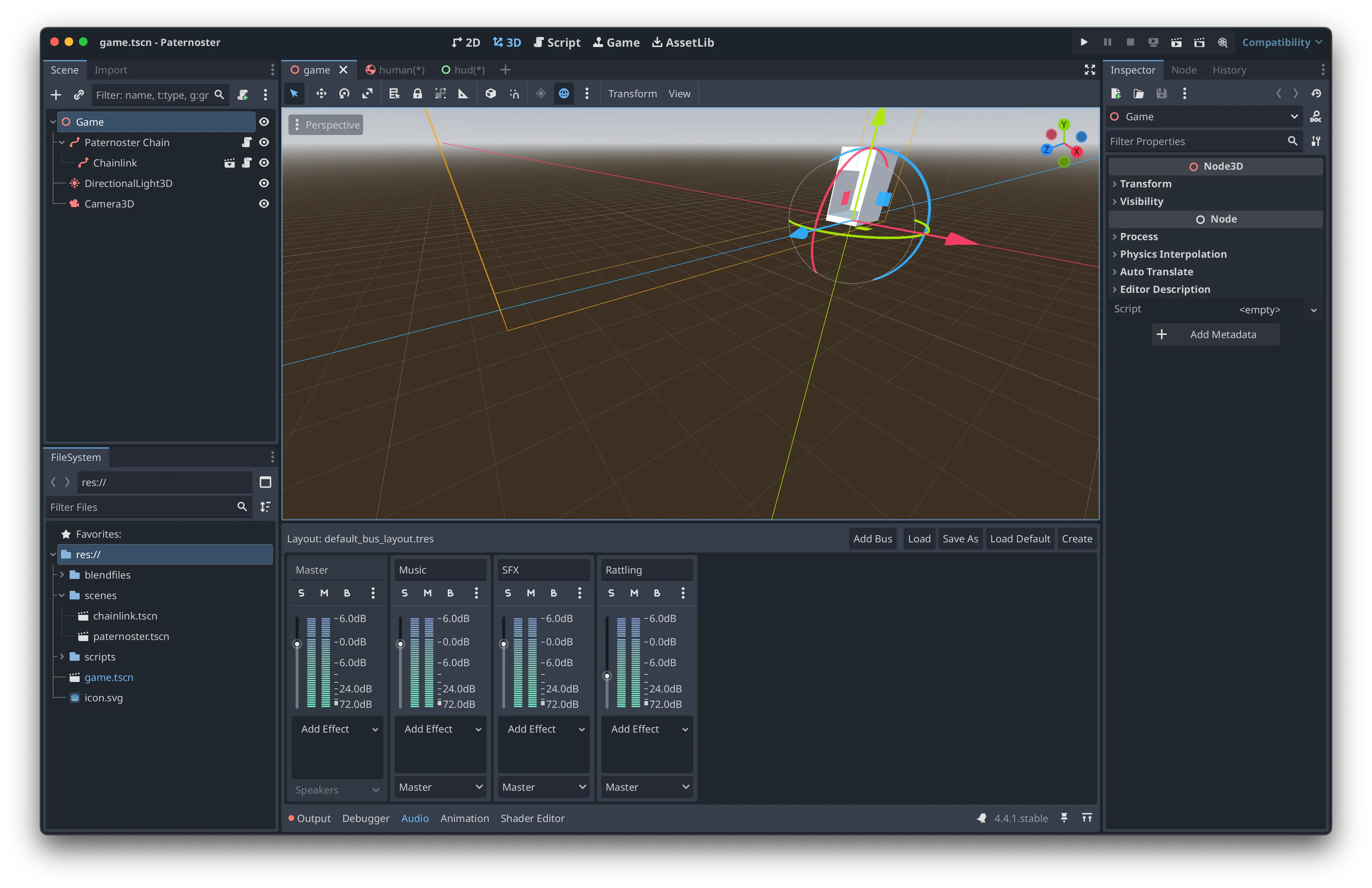 Screenshot of the Godot editor showing the early paternoster prototype: a 3D scene with a single cabin loop visible in the viewport, and the scene tree panel on the left showing nodes for the Paternoster Chain, Channels, DirectionalLight3D, and Camera3D.