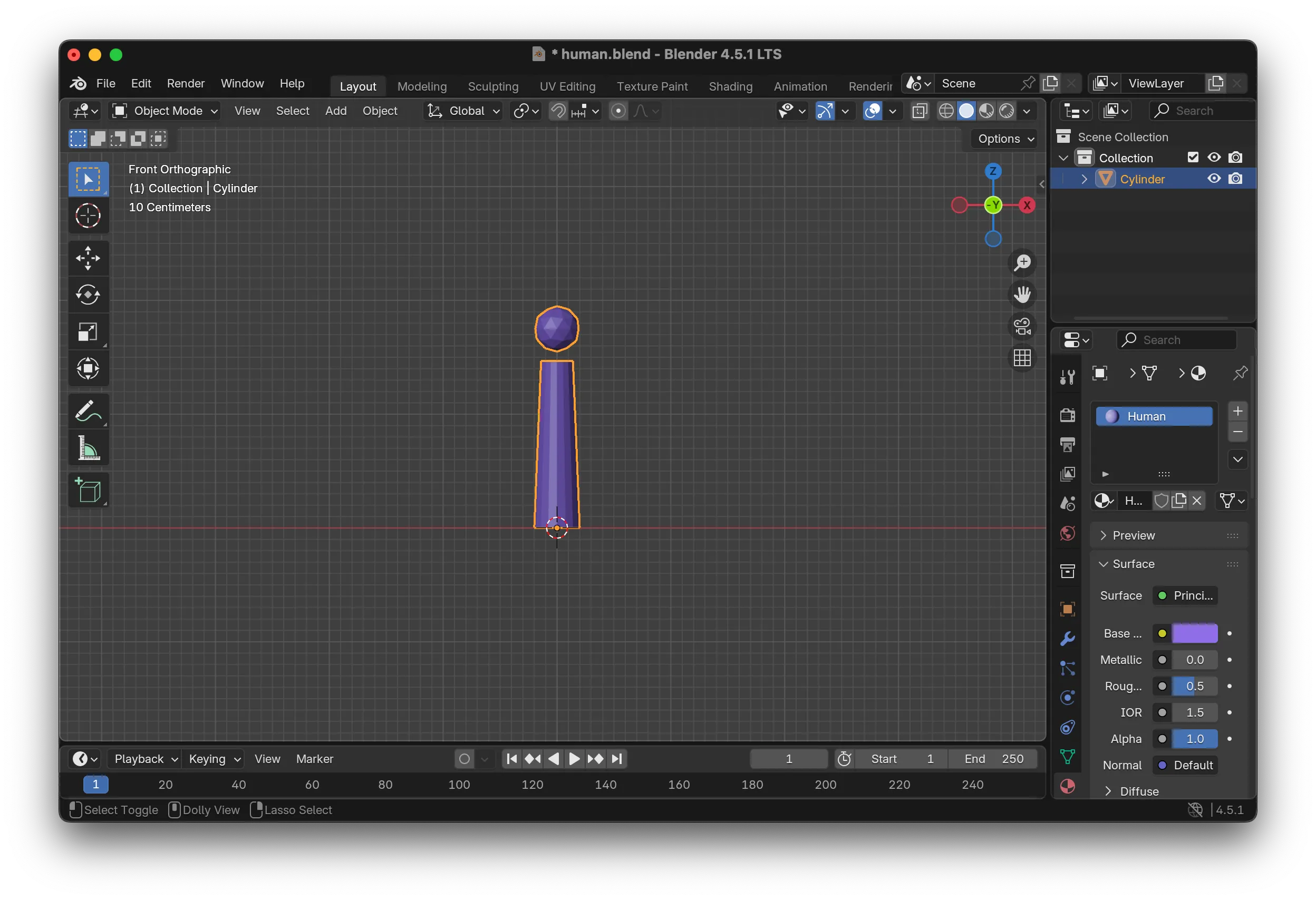 Blender 4.5.1 LTS showing the passenger character model in orthographic front view: a simple purple cylinder body topped with a sphere head, labeled "Human" in the scene collection.