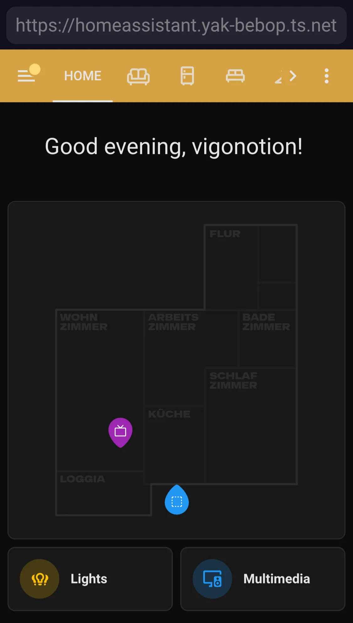 The Home Assistant dashboard loaded on a mobile browser at https://homeassistant.yak-bebop.ts.net, showing a dark-themed floor plan with labeled rooms (Wohnzimmer, Arbeitszimmer, Badezimmer, Schlafzimmer, Küche, Loggia, Flur) and quick-access tiles for Lights and Multimedia at the bottom.