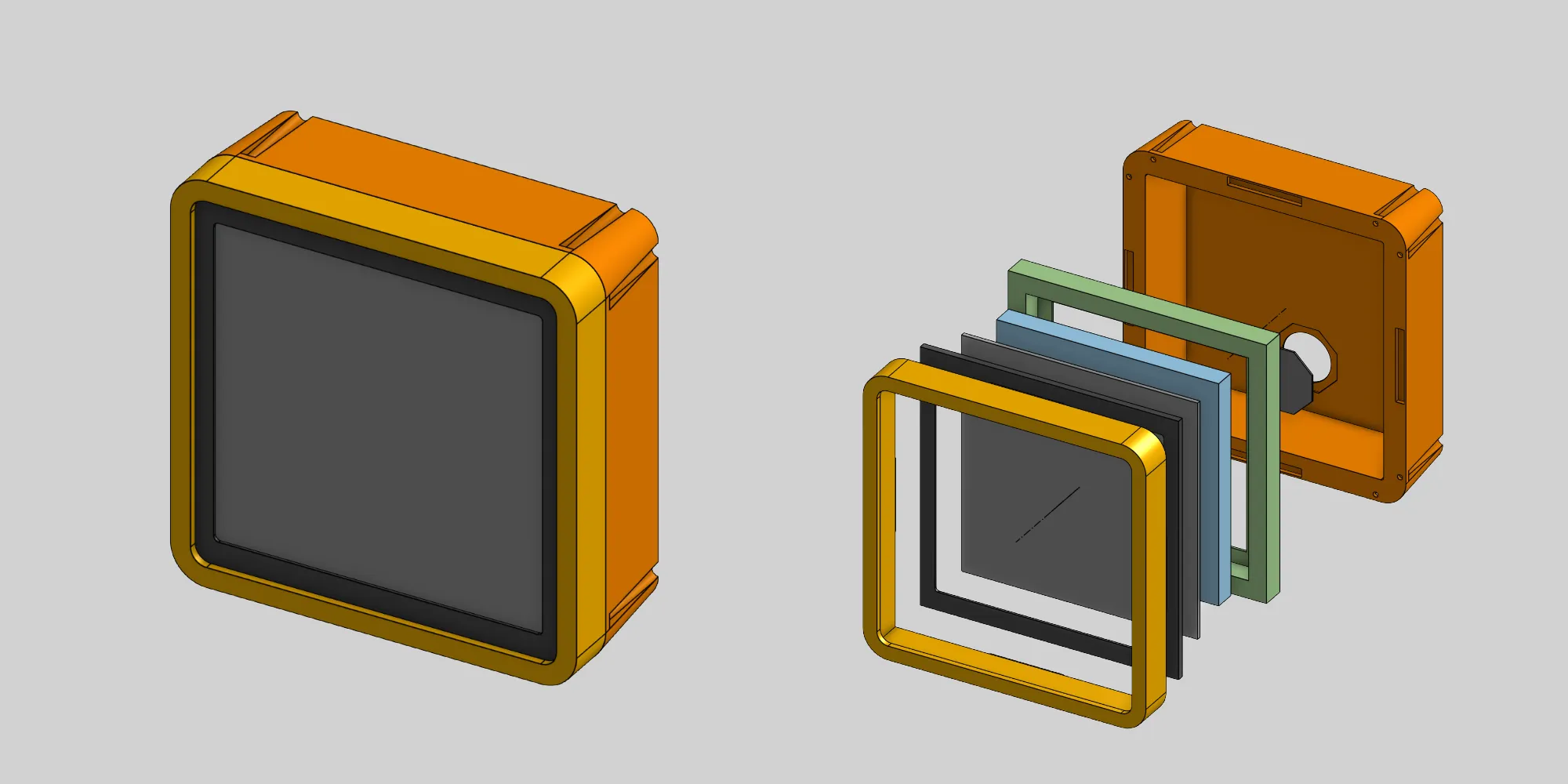 CAD render of the Meeple Traffic Light enclosure: an orange case with a yellow inner frame around a dark display panel, viewed from an angle that shows the depth of the housing.