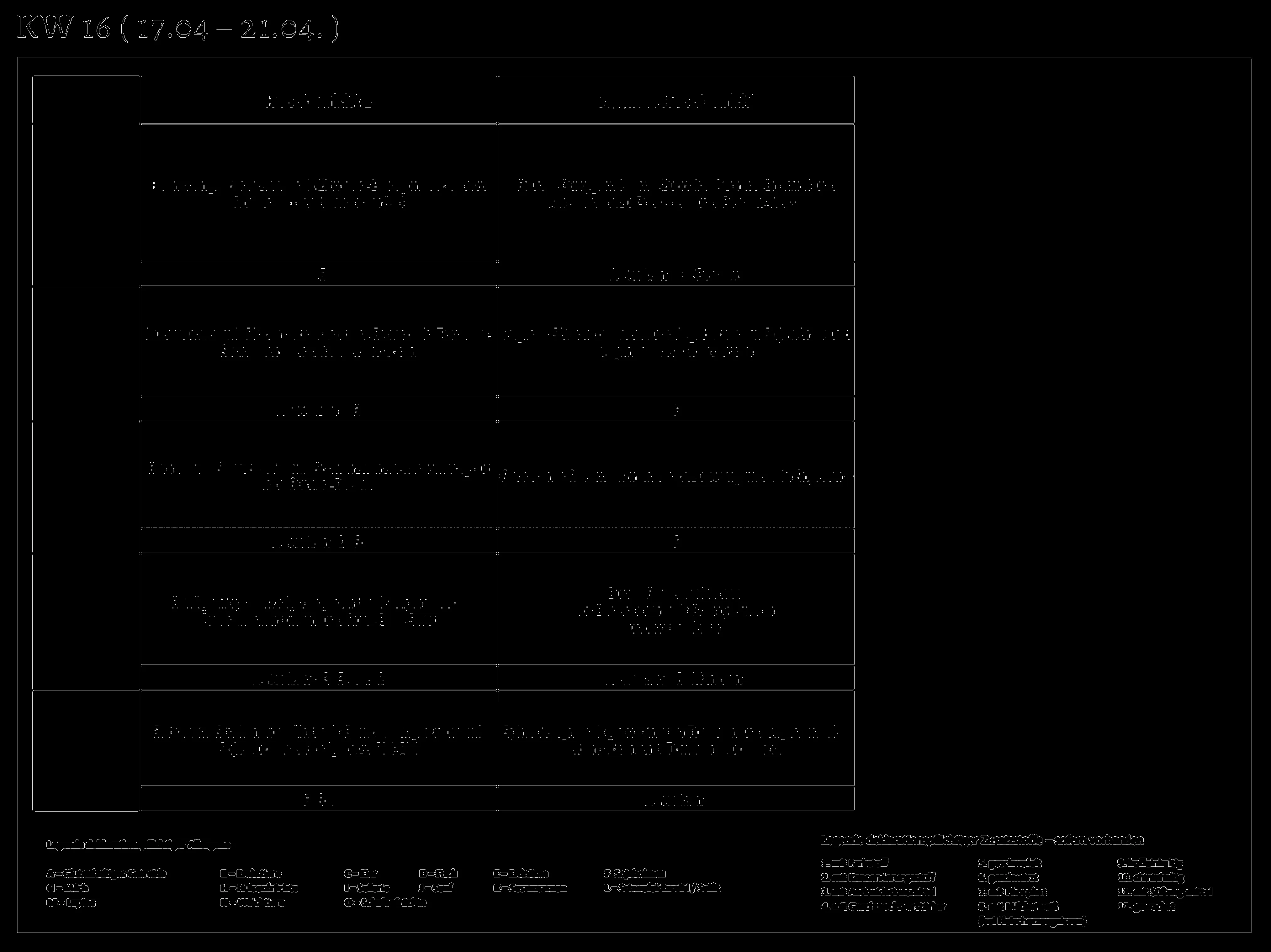Canny edge detection output of the meal plan image: a black background with white outlines tracing the table grid lines and the contours of each letter in the meal descriptions