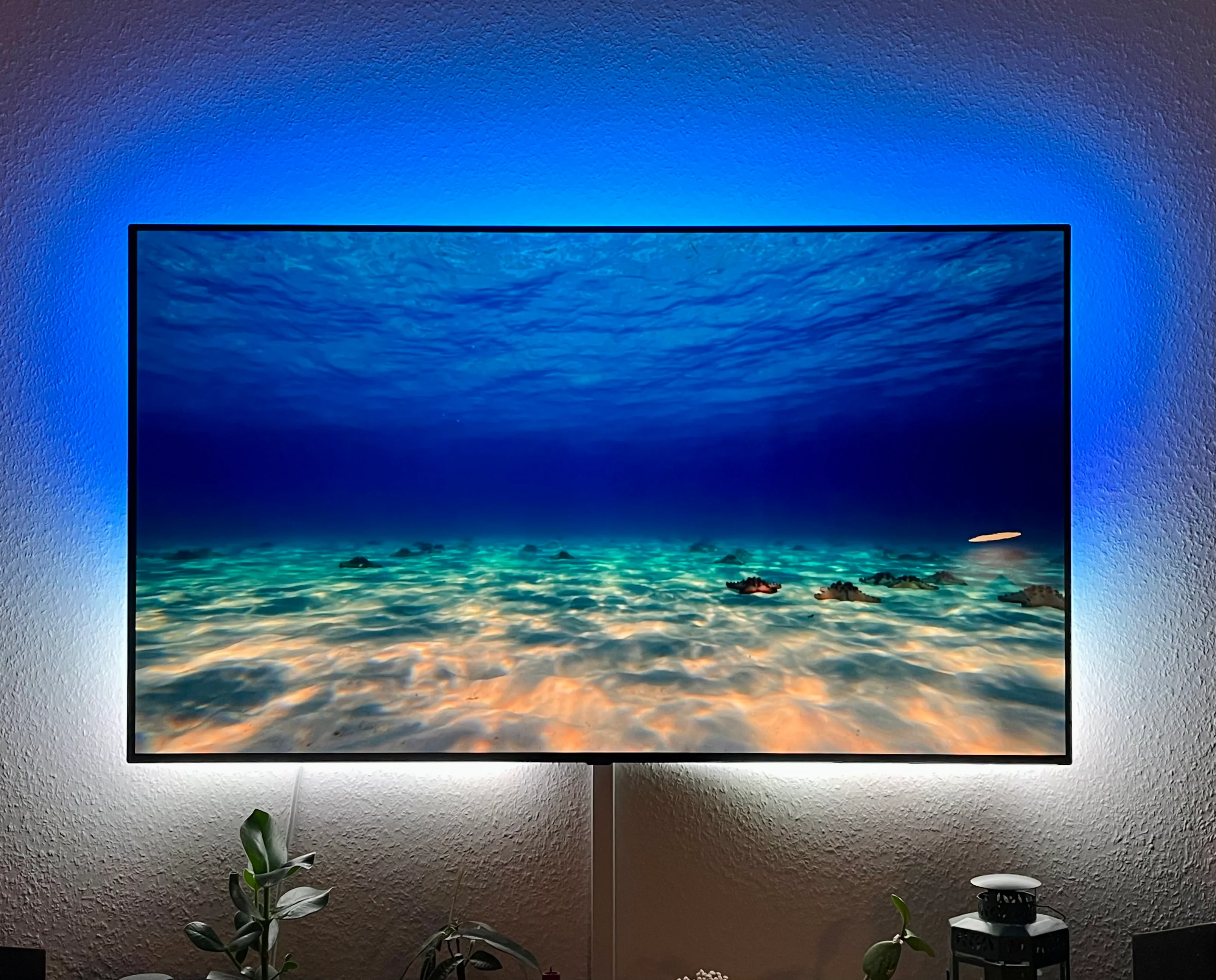A TV showing an underwater ocean scene with bright blue ambilight LEDs casting a glow on the wall behind it, with small plants visible below the screen