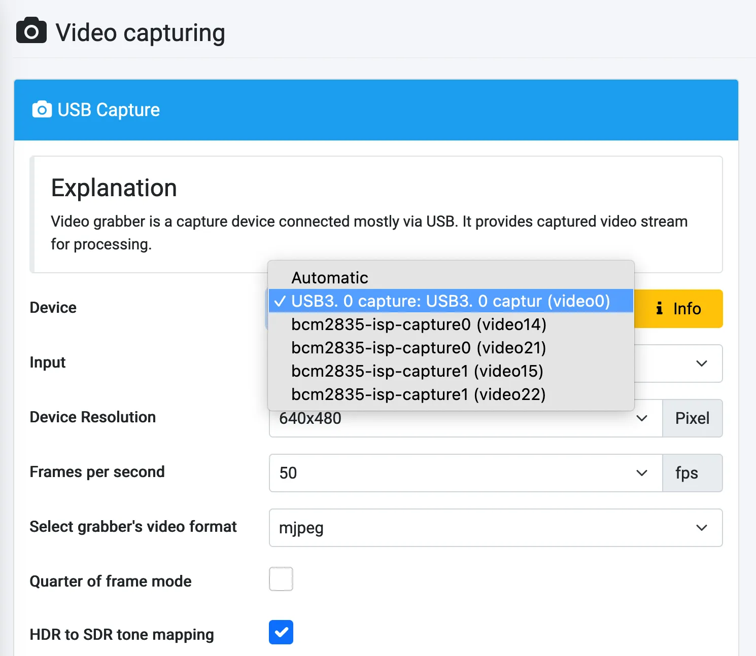 HyperHDR Video capturing settings with USB3.0 capture device selected from a dropdown, device resolution set to 640x480, frames per second set to 50, grabber video format set to mjpeg, and HDR to SDR tone mapping checkbox enabled